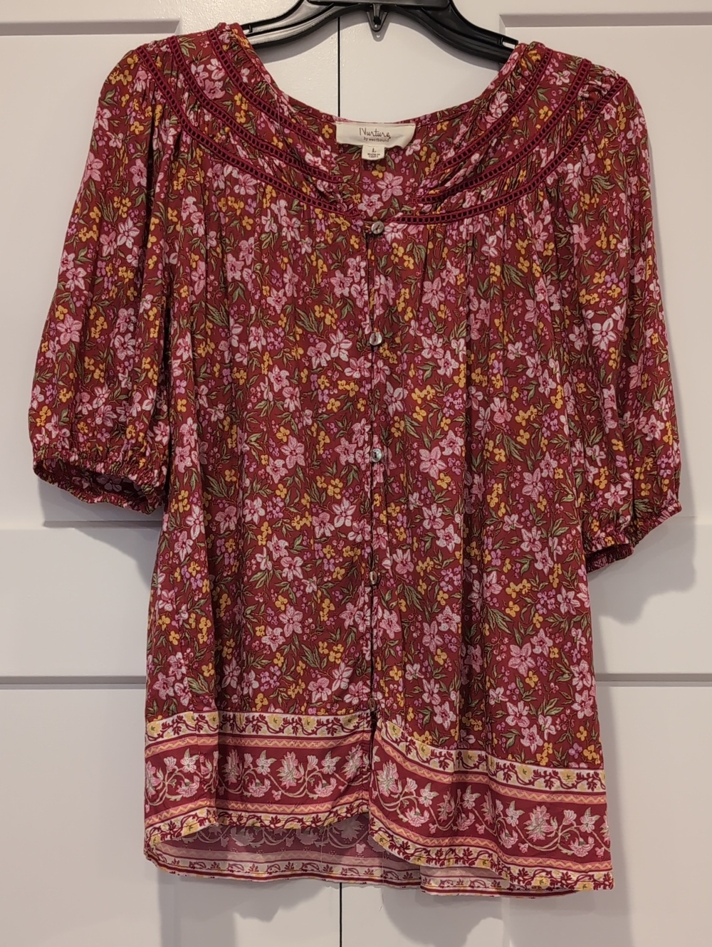 Nurture Red Floral Blouse 3/4 Puff Sleeves L Euc